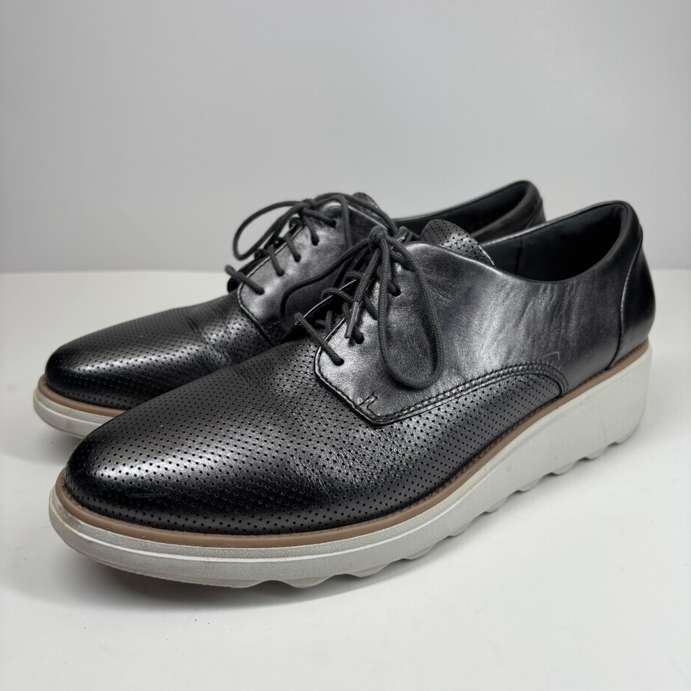 Clarks Sharon Crystal  Women's US 11M Pewter Leather Wedge Oxford Shoes Platform